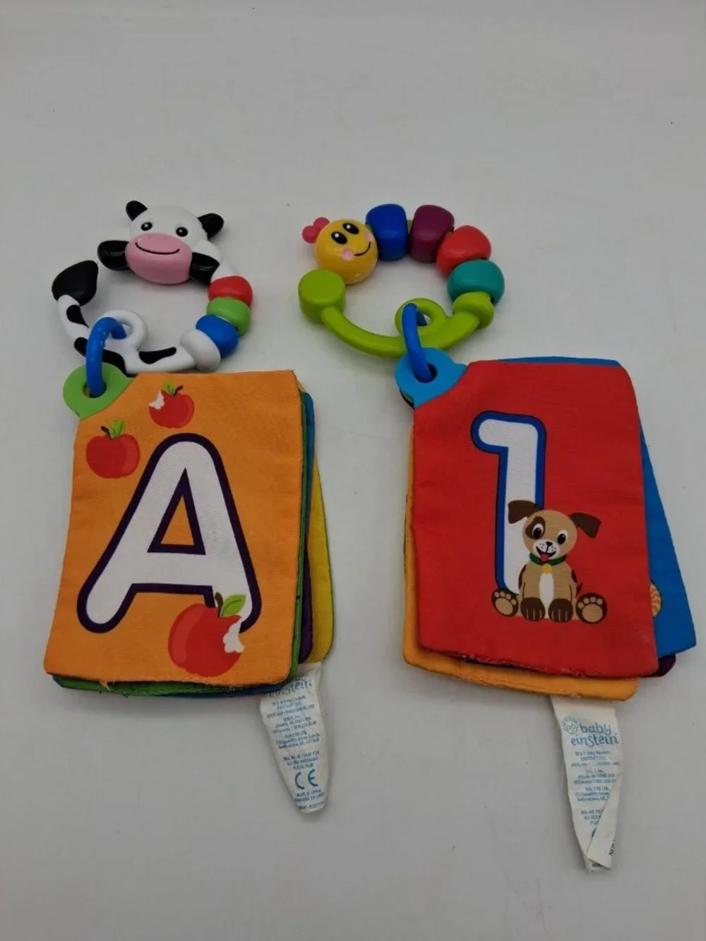 2 Baby Einstein Take Along Discovery Cards Clip-on Crinkle Teether ABC's & 123's